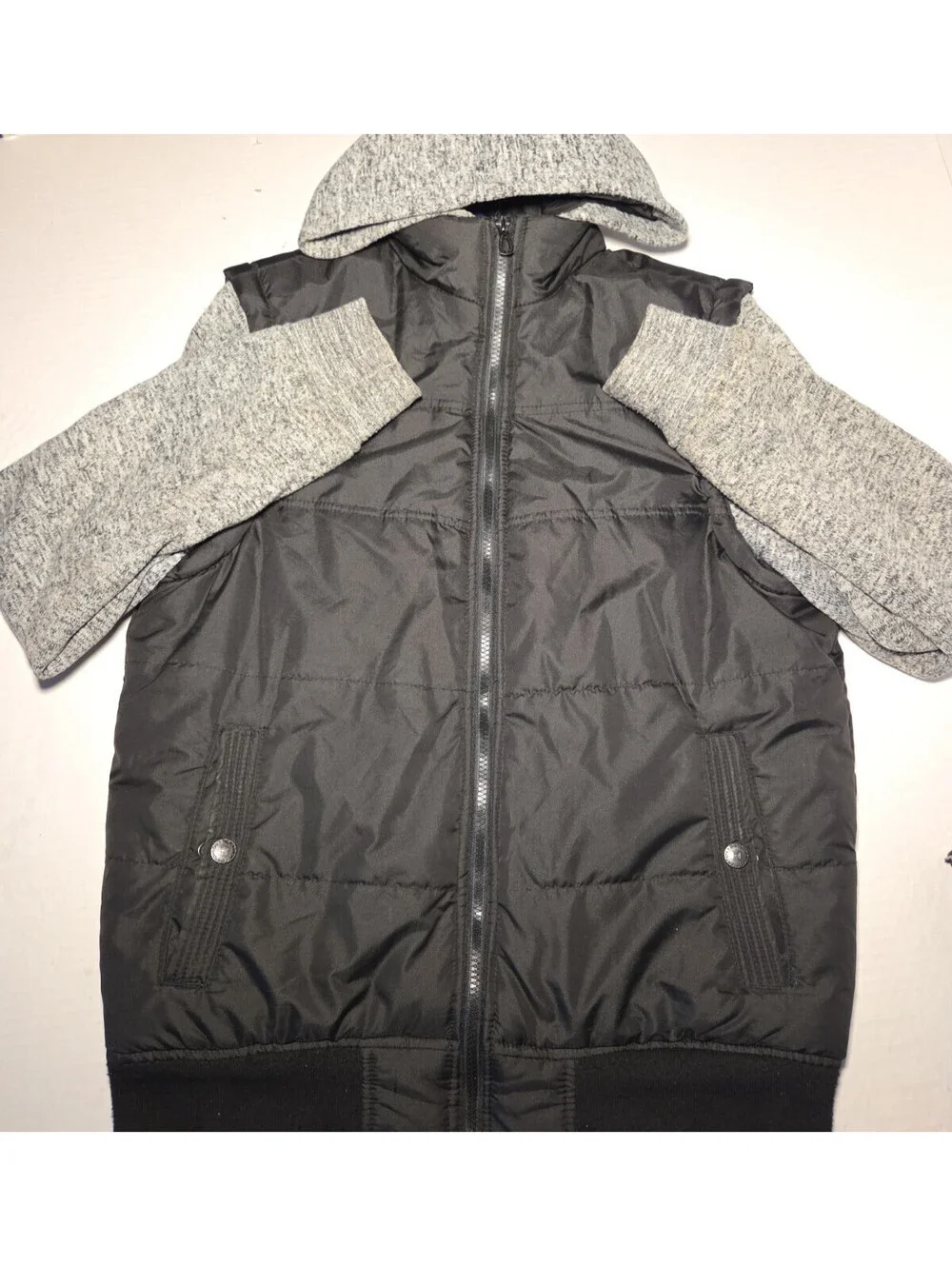 Distortion Hooded Puffer Jacket Mens Medium Black Gray Mixed Media Full Zip